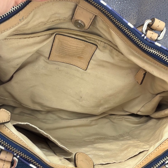 Coach Shoulder Bag Blue White C Logo Beige Leather Handles Trim 3-Compartment - Picture 11 of 16